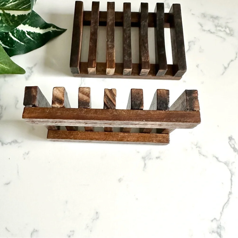 Set of 2 Wooden Bar Soap Dish Shower Holder Self Draining Design Bamboo Eco Love